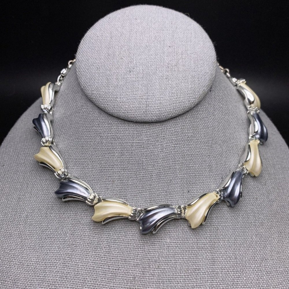 Blue Cream Silver Tone Link Choker Collar Necklace Earrings Demi Parure - Picture 3 of 11